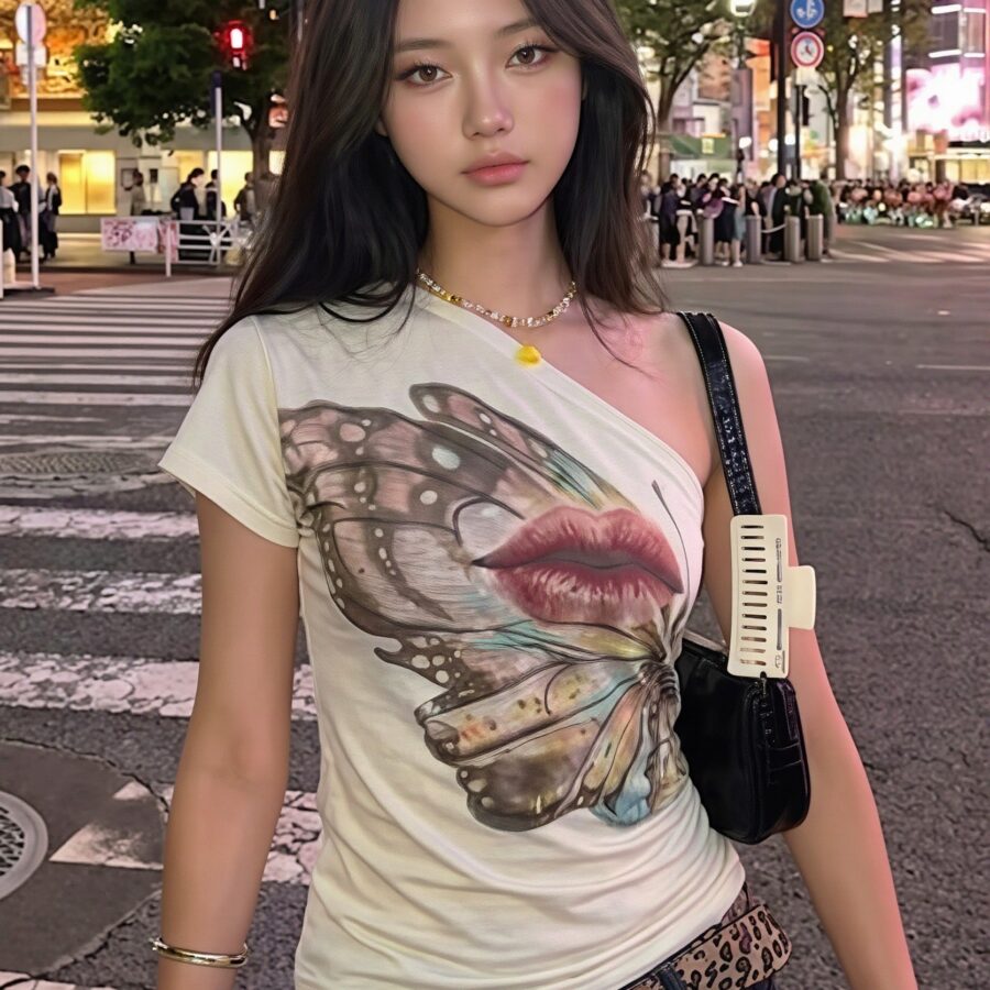 Butterfly Lips Print Off?Shoulder T?shirt