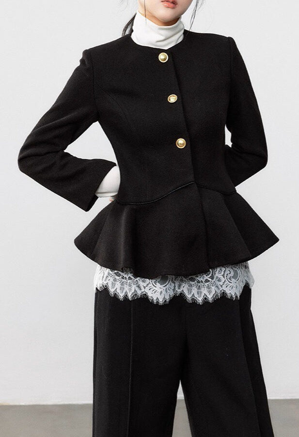 Black Pleated Waist Elegant Wool Coat