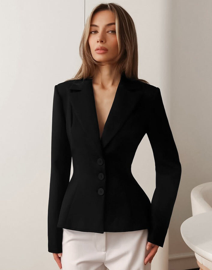 Fitted Waist V-Neck Padded Shoulder Long Sleeve Blazer