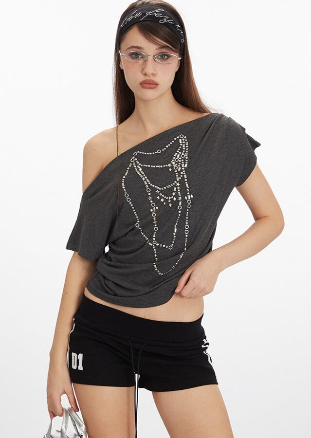 Asym Neck Beaded Cropped T?shirt