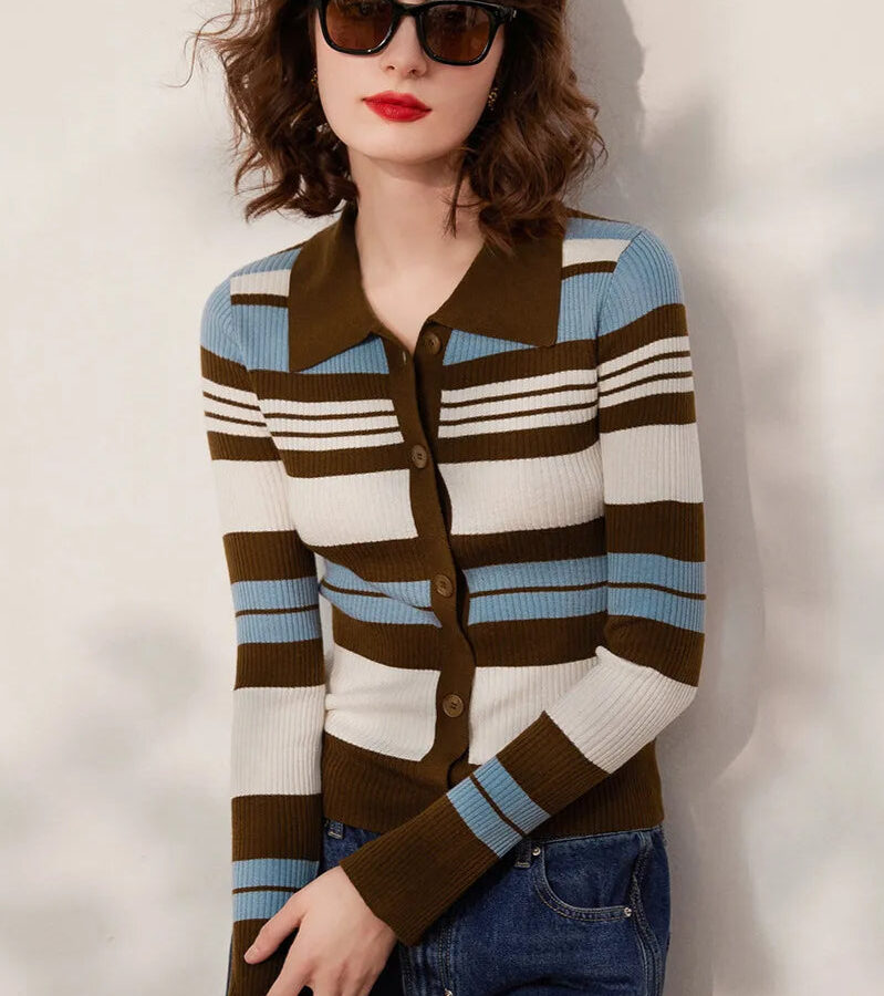Striped Knit Turn-down Collar Cardigan